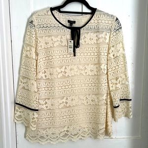Talbots ivory lace top. Lined. Black velvet trim. Medium. 3/4 sleeve. New.